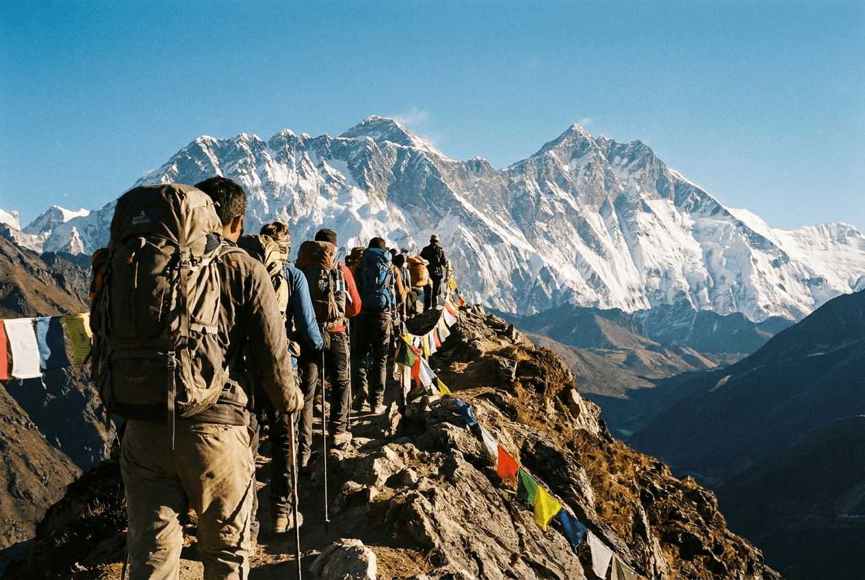 Trekkers ascending a Himalayan mountain trail